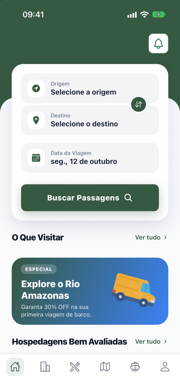 Tela inicial do aplicativo RivoApp com a busca de passagens por origem, destino e data da viagem